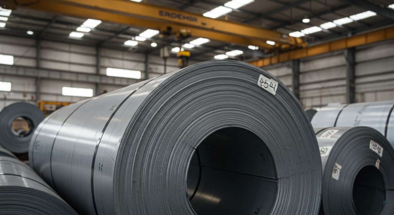 Farklı kalite ve ebatlarda istiflenmiş galvaniz rulo saclar